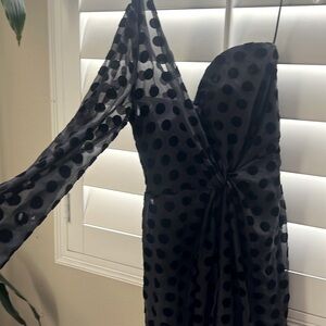 Black, Polka-Dot Velvet, Formal Gown, front slit, off-shoulder; Brand: Keepsake
